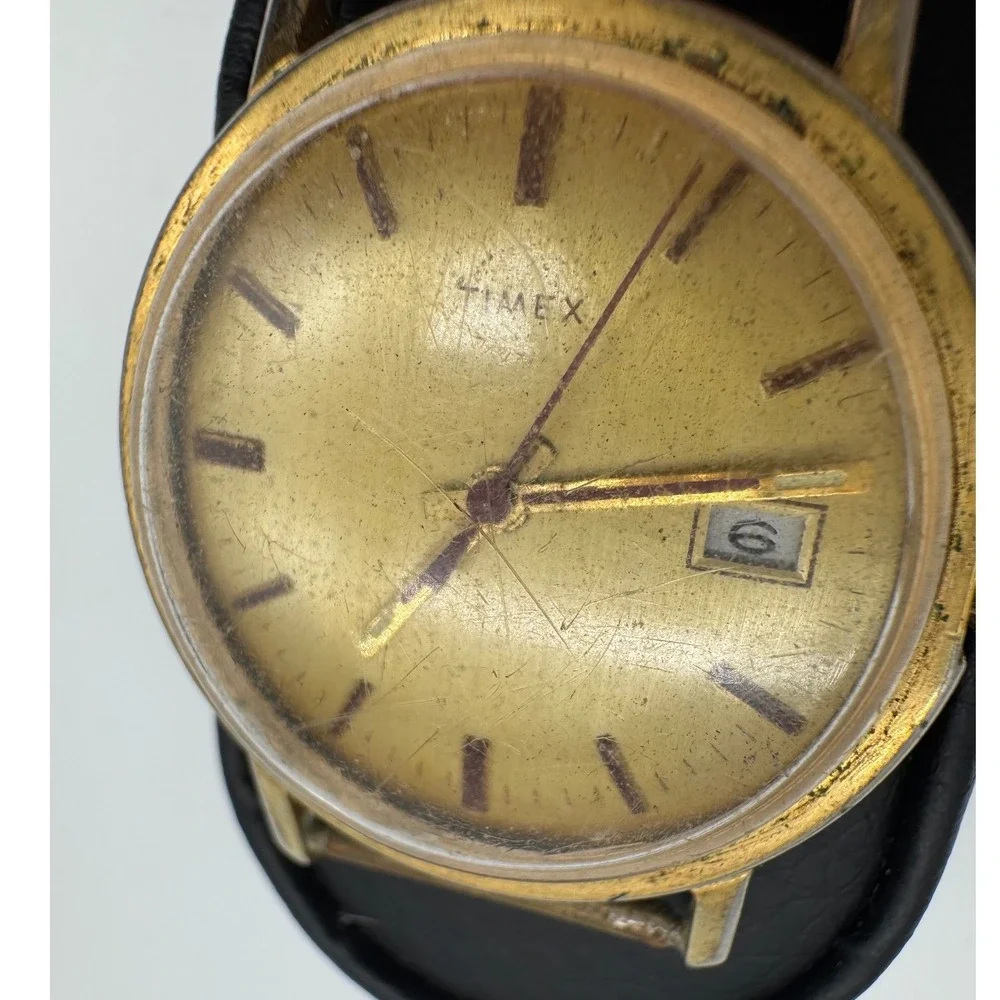 Vintage Timex Gold Tone Date Watch Head Parts Repair Pulsar Back Y147-6009 34mm